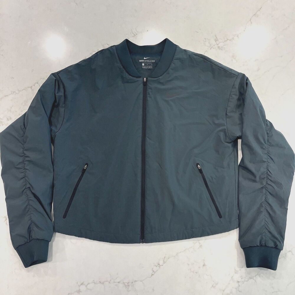 Nike Womens Olive Gray AeroLayer Bomber Jacket Crop Full Zip Long Sleeve Sz L